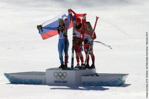 Womens downhill 2014 Winter Olympics podium